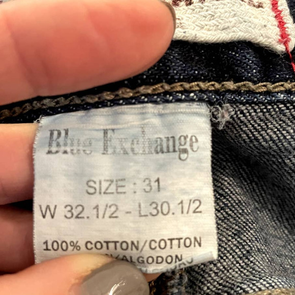 Blue Exchange Jeans Blue Dark Denim Black Faux Leather Trim Straight Size 31 - Picture 7 of 12